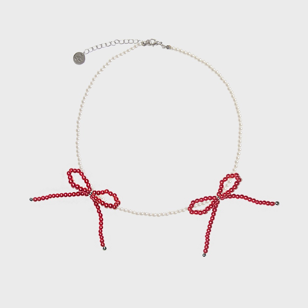 TWIN BOW PEARL CHOKER NECKLACE_VALENTINE RED
